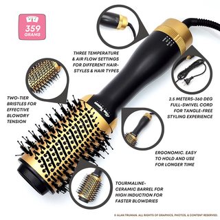 Alan Truman Blow Dryer Brush for Everyday Blowouts & Blow-styling at home - Compact Black Gold Ceramic - Alan Truman