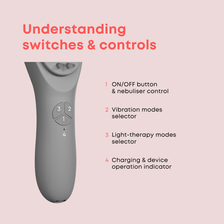 Gray handheld device with switches and controls labeled 